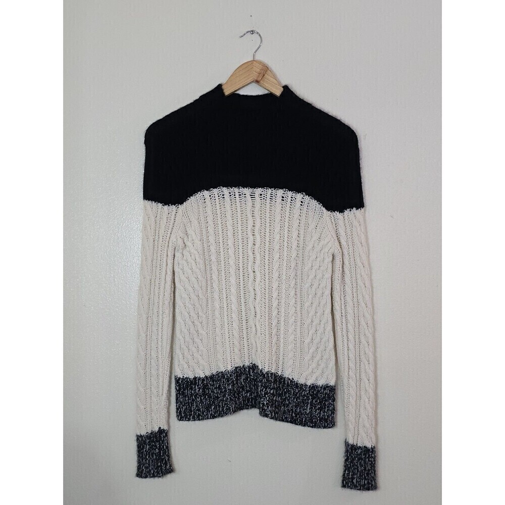 AQUA Cashmere Black Cream Colorblock Cable Knit Turtleneck Sweater Medium - Picture 2 of 10